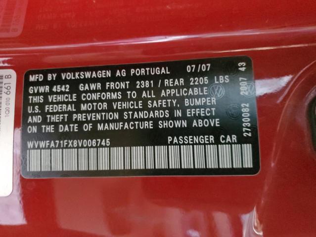 WVWFA71FX8V006745 - 2008 VOLKSWAGEN EOS LUX Красный фото 12