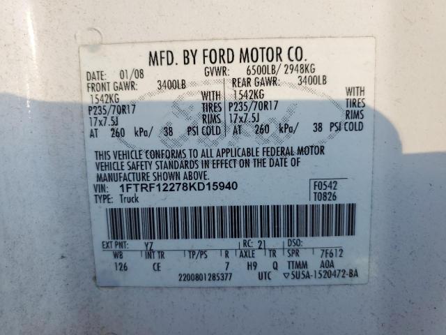 1FTRF12278KD15940 - 2008 FORD F150 白色 照片 12