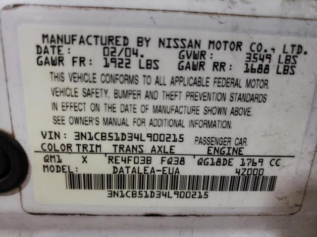 3N1CB51D34L900215 - 2004 NISSAN SENTRA 1.8 WHITE photo 12