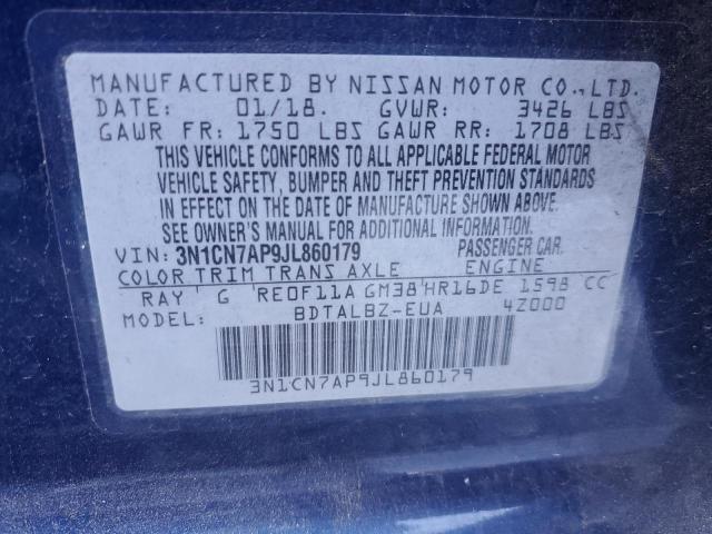 3N1CN7AP9JL860179 - 2018 NISSAN VERSA S BLUE photo 12