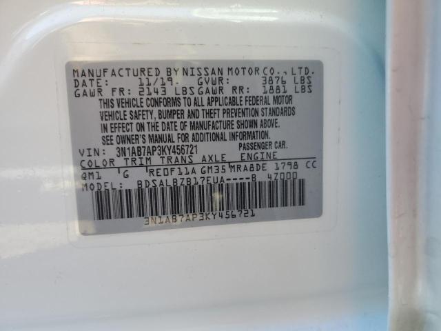 3N1AB7AP3KY456721 - 2019 NISSAN SENTRA S WHITE photo 12