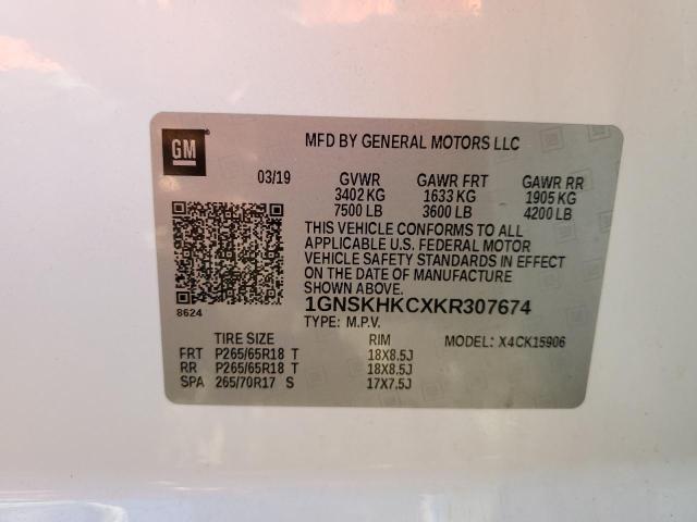 1GNSKHKCXKR307674 - 2019 CHEVROLET SUBURBAN K1500 LT WHITE photo 13