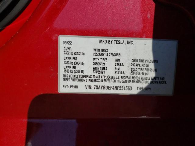 7SAYGDEF4NF551563 - 2022 TESLA MODEL Y RED photo 14