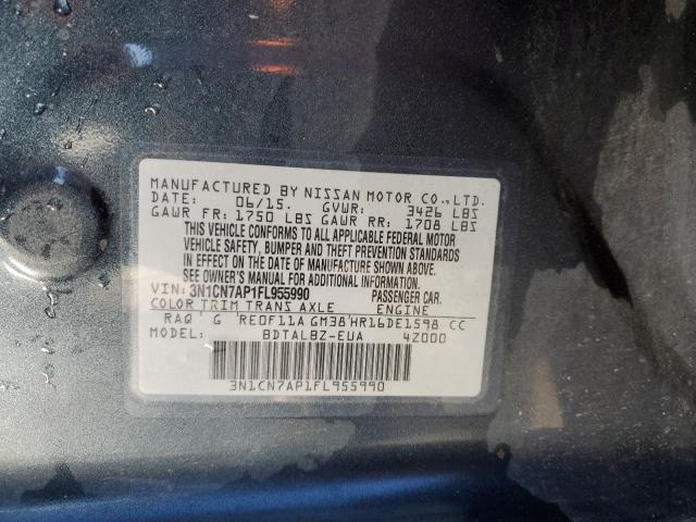 3N1CN7AP1FL955990 - 2015 NISSAN VERSA S TEAL photo 13