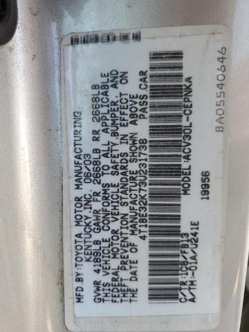 4T1BE32K73U231738 - 2003 TOYOTA CAMRY LE SILVER photo 12