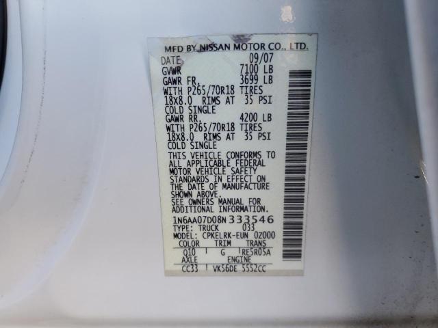 1N6AA07D08N333546 - 2008 NISSAN TITAN XE WHITE photo 12