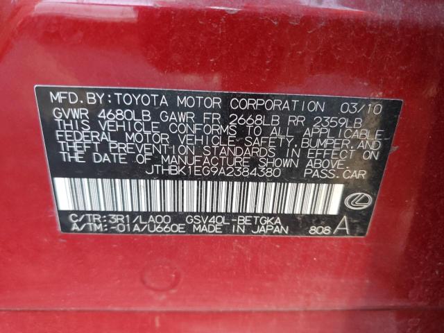 JTHBK1EG9A2384380 - 2010 LEXUS ES 350 RED photo 12