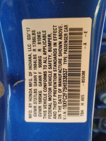 19XFC2F75HE038537 - 2017 HONDA CIVIC EX BLUE photo 13