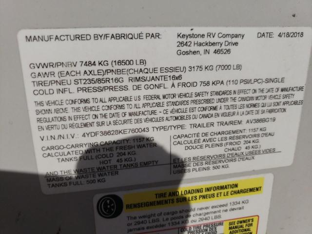 4YDF38628KE760043 - 2019 KEYSTONE AVALANCHE ბეჟი ფოტო 10