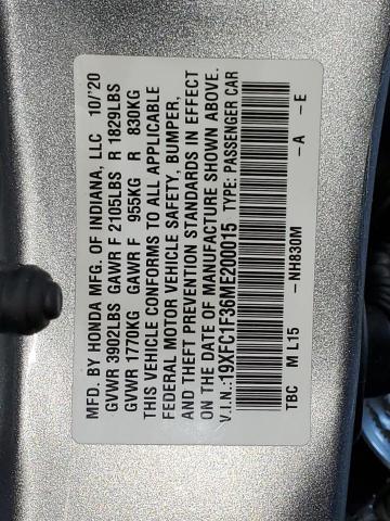 19XFC1F36ME200015 - 2021 HONDA CIVIC EX SILVER photo 12