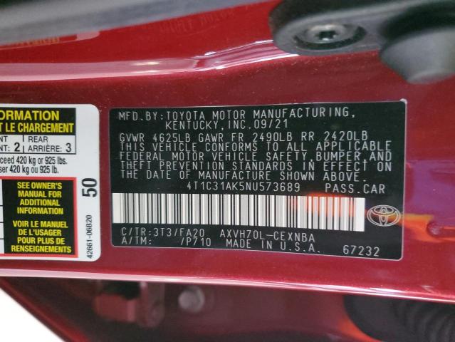 4T1C31AK5NU573689 - 2022 TOYOTA CAMRY LE RED photo 13