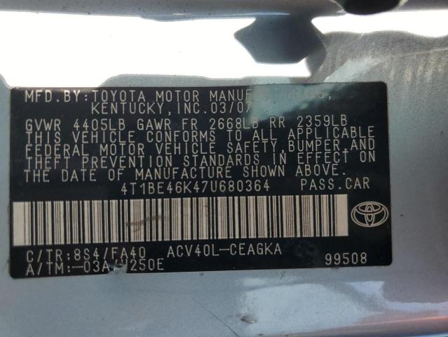 4T1BE46K47U680364 - 2007 TOYOTA CAMRY CE BLUE photo 12