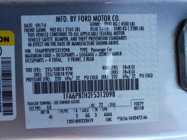 1FA6P8TH2F5312098 - 2015 FORD MUSTANG SILVER photo 12