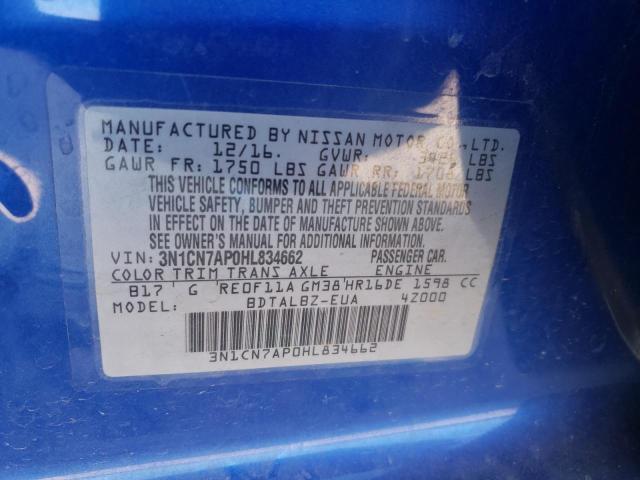 3N1CN7AP0HL834662 - 2017 NISSAN VERSA S BLUE photo 13