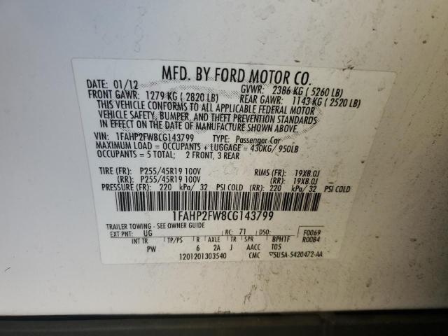 1FAHP2FW8CG143799 - 2012 FORD TAURUS LIMITED WHITE photo 12