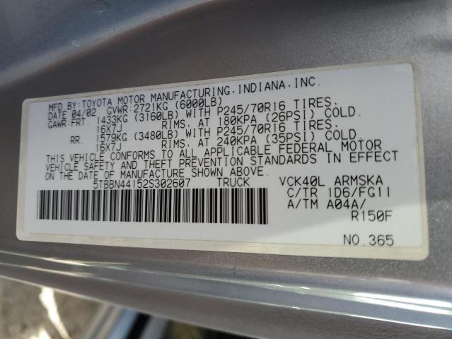 5TBBN44152S302607 - 2002 TOYOTA TUNDRA ACCESS CAB SR5 GRAY photo 12