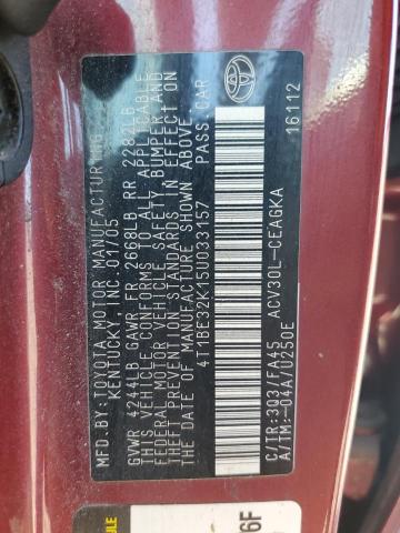 4T1BE32K15U033157 - 2005 TOYOTA CAMRY LE BURGUNDY photo 12