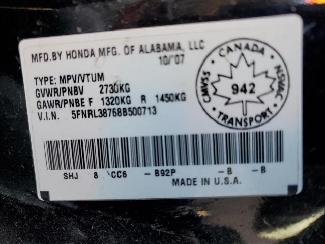 5FNRL38768B500713 - 2008 HONDA ODYSSEY EXL BLACK photo 13