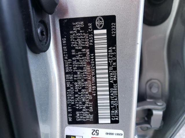 4T1B11HK1KU248444 - 2019 TOYOTA CAMRY L SILVER photo 12