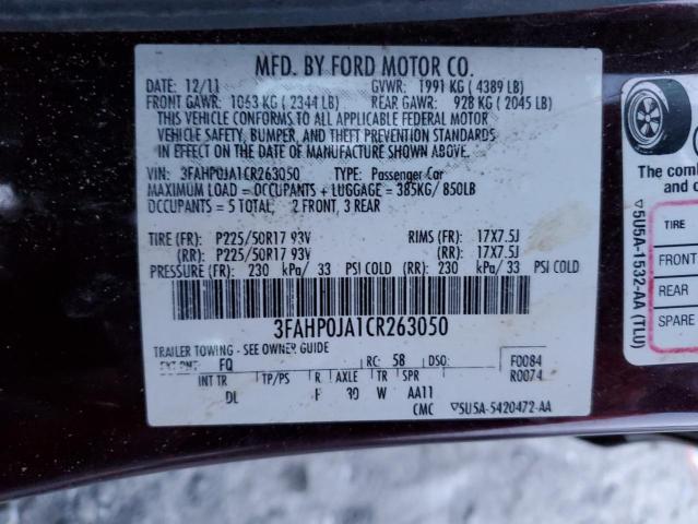 3FAHP0JA1CR263050 - 2012 FORD FUSION SEL PURPLE photo 12