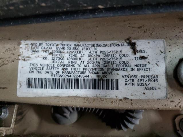 5TEGN92N43Z248544 - 2003 TOYOTA TACOMA DOUBLE CAB PRERUNNER TAN photo 12
