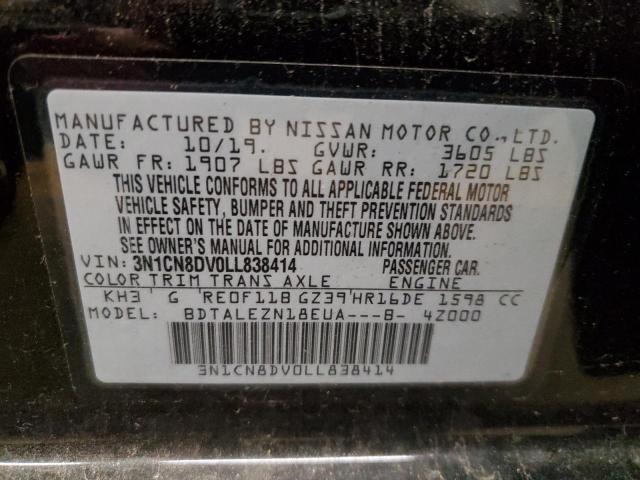 3N1CN8DV0LL838414 - 2020 NISSAN VERSA S BLACK photo 12