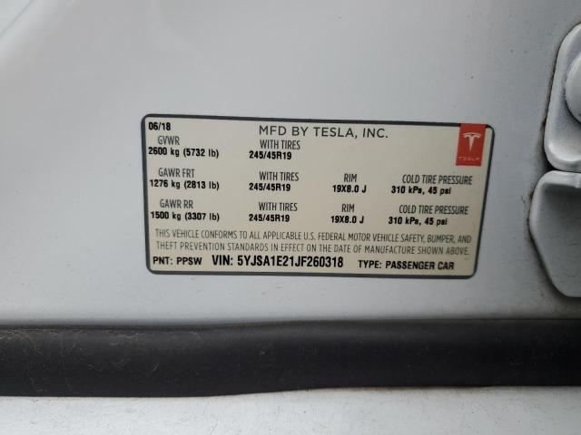 5YJSA1E21JF260318 - 2018 TESLA MODEL S WHITE photo 12