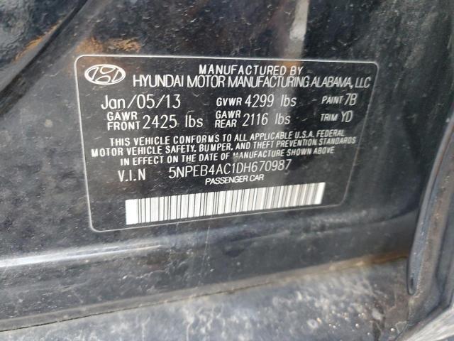 5NPEB4AC1DH670987 - 2013 HYUNDAI SONATA GLS BLACK photo 12