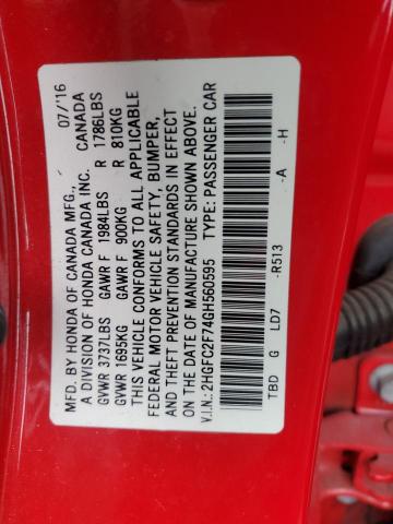 2HGFC2F74GH560595 - 2016 HONDA CIVIC EX RED photo 12