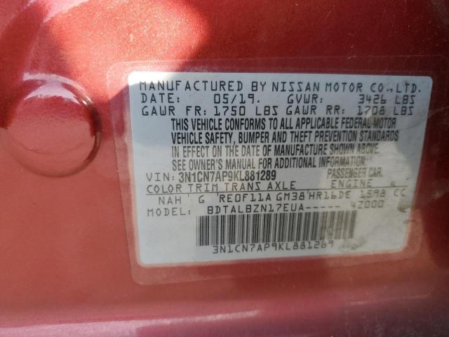 3N1CN7AP9KL881289 - 2019 NISSAN VERSA S RED photo 12