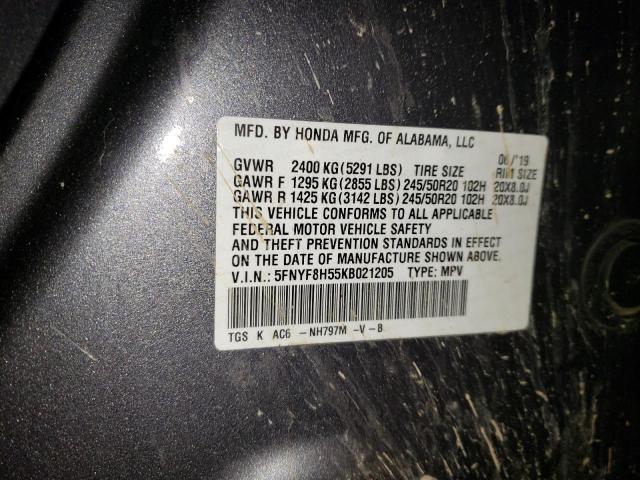 5FNYF8H55KB021205 - 2019 HONDA PASSPORT EXL GRAY photo 12