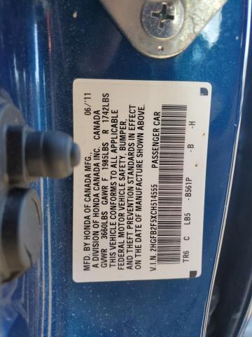 2HGFB2F5XCH514555 - 2012 HONDA CIVIC LX BLUE photo 13