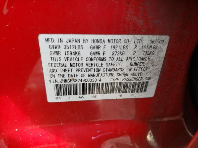 JHMGE88249C003014 - 2009 HONDA FIT RED photo 12