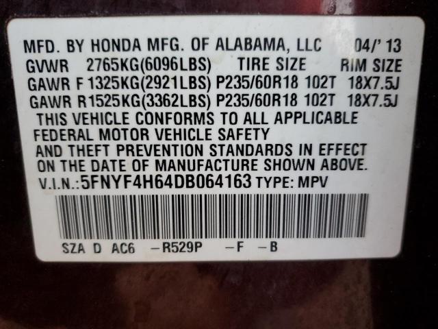 5FNYF4H64DB064163 - 2013 HONDA PILOT EXL MAROON photo 13