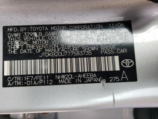 JTDKB20U777583735 - 2007 TOYOTA PRIUS SILVER photo 12