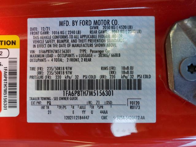 1FA6P8TH7M5156301 - 2021 FORD MUSTANG RED photo 12