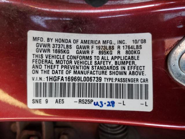 1HGFA16969L006739 - 2009 HONDA CIVIC EXL MAROON photo 12