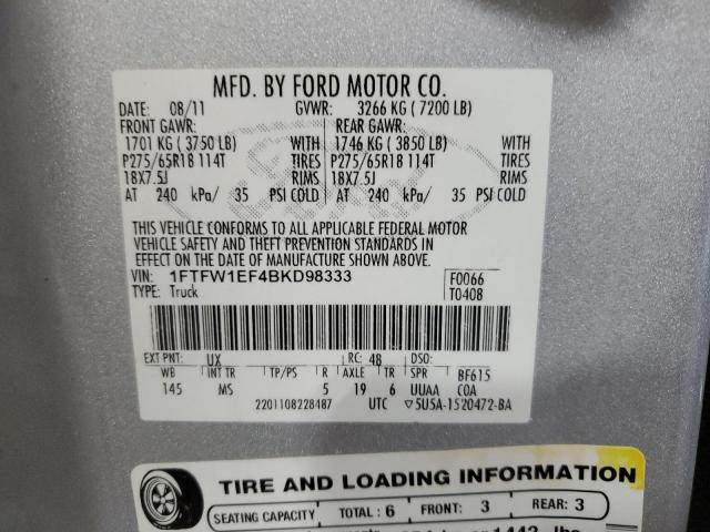 1FTFW1EF4BKD98333 - 2011 FORD F150 SUPERCREW SILVER photo 13