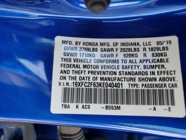 19XFC2F63KE040401 - 2019 HONDA CIVIC LX BLUE photo 12