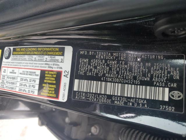 4T1BK3DB7CU452195 - 2012 TOYOTA AVALON BASE 黑色 照片 12