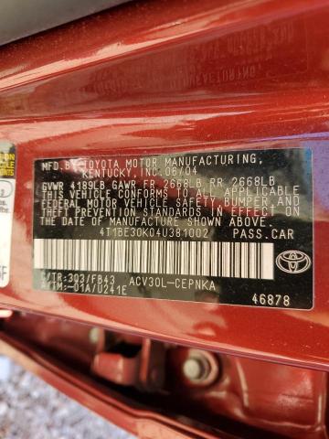 4T1BE30K04U381002 - 2004 TOYOTA CAMRY LE RED photo 12