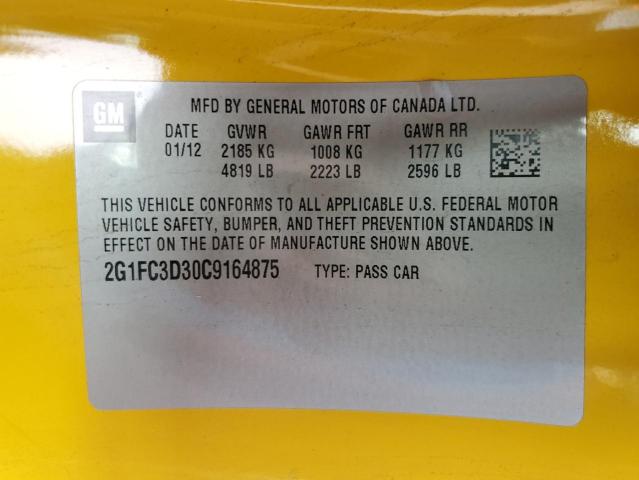 2G1FC3D30C9164875 - 2012 CHEVROLET CAMARO LT YELLOW photo 12