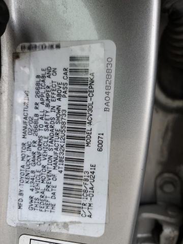 4T1BE32K12U558733 - 2002 TOYOTA CAMRY LE SILVER photo 12