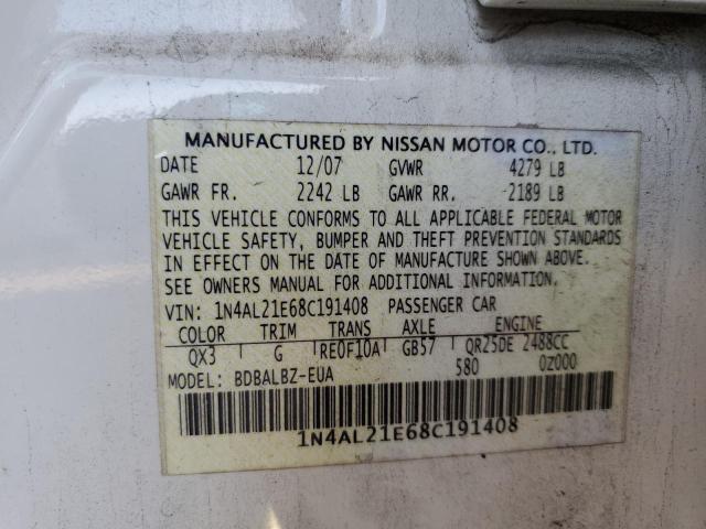 1N4AL21E68C191408 - 2008 NISSAN ALTIMA 2.5 WHITE photo 12