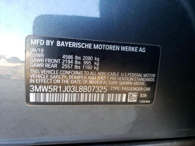 3MW5R1J03L8B07325 - 2020 BMW 330I GRAY photo 12