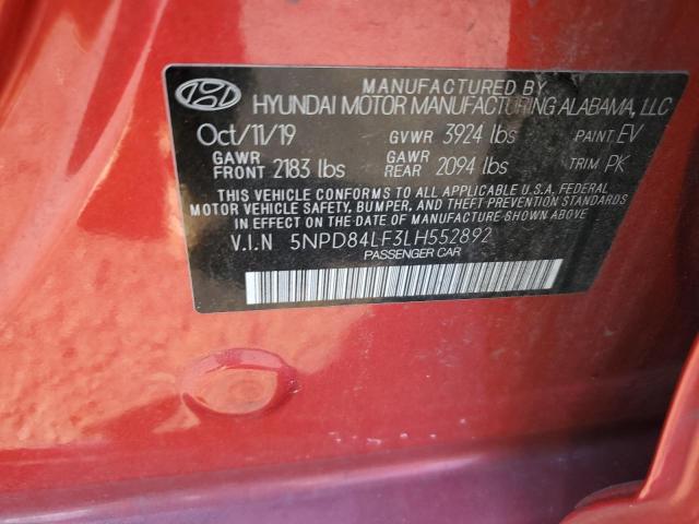 5NPD84LF3LH552892 - 2020 HYUNDAI ELANTRA SEL RED photo 13