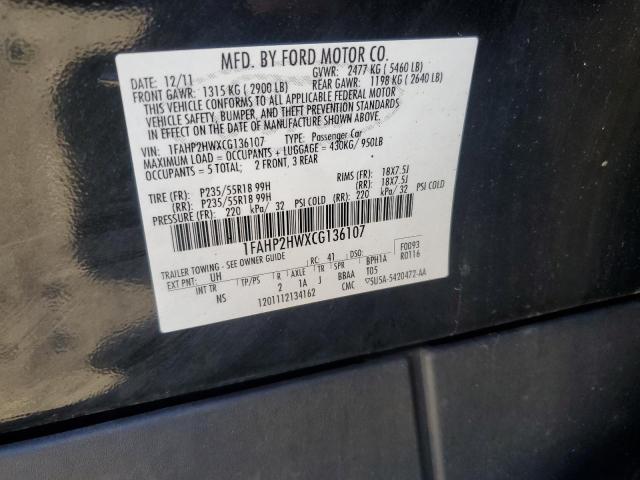 1FAHP2HWXCG136107 - 2012 FORD TAURUS SEL BLACK photo 12