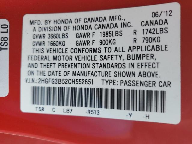 2HGFG3B52CH552651 - 2012 HONDA CIVIC LX RED photo 12