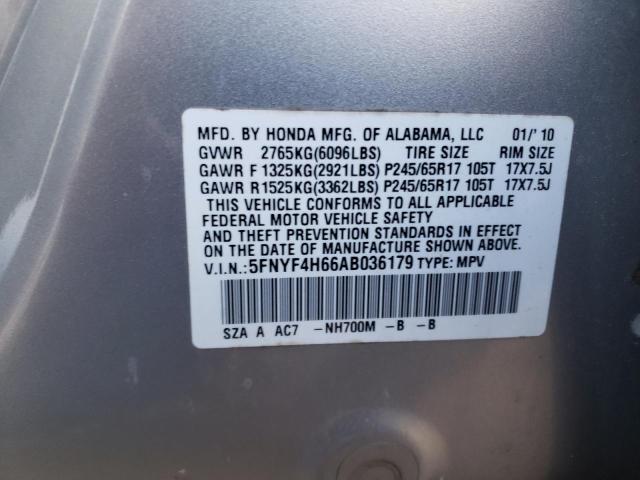 5FNYF4H66AB036179 - 2010 HONDA PILOT EXL SILVER photo 13