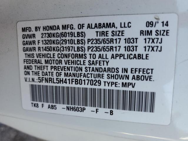 5FNRL5H41FB017029 - 2015 HONDA ODYSSEY EX WHITE photo 13